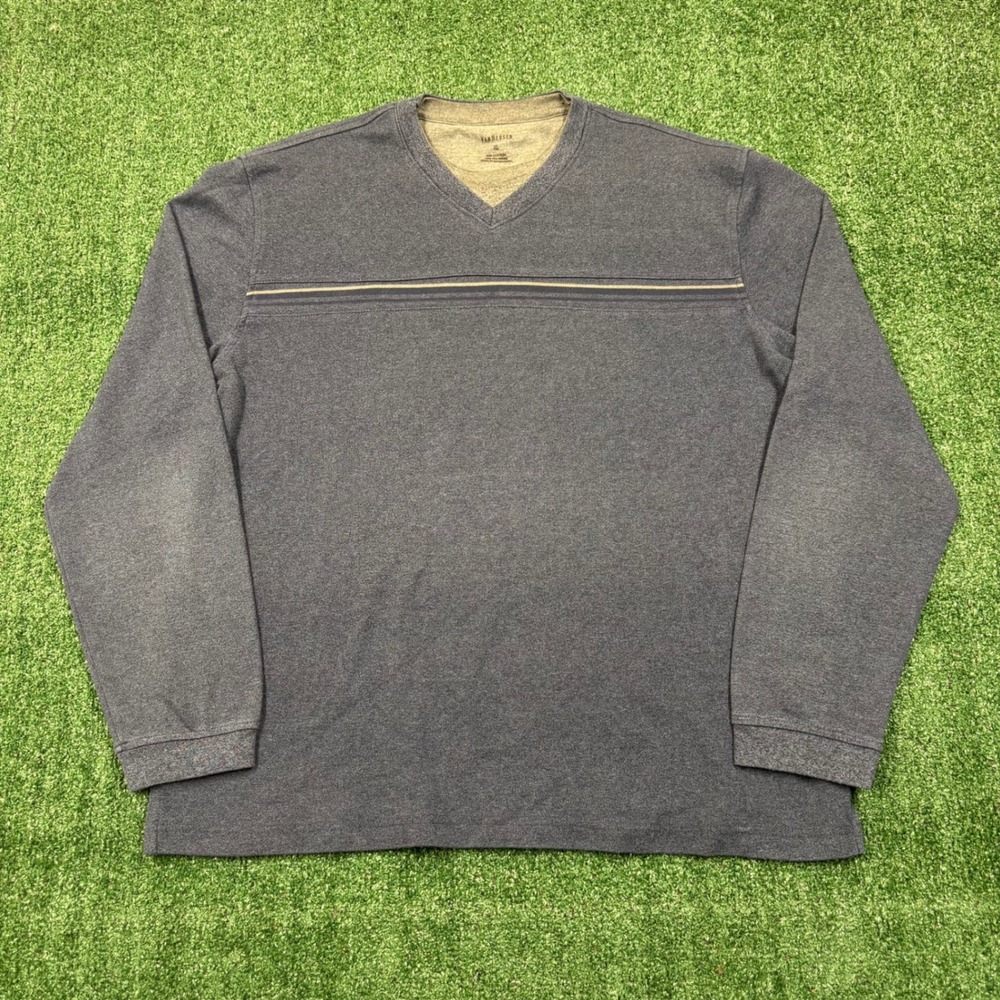 Y2K Van Heusen T-shirt Long Sleeve V-Neck Navy Blue Striped XL